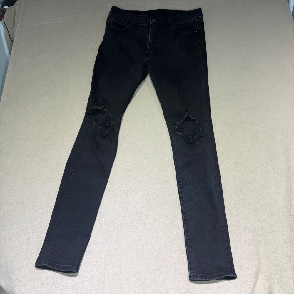 mnml M1 Distressed Stretch Denim Jeans Mens 33 Black Slim Fit Knee Rips Distress